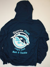 Load image into Gallery viewer, Back view of hooded sweatshirt. Large Sports Port Cape Cod Bait &amp; Tackle logo.
